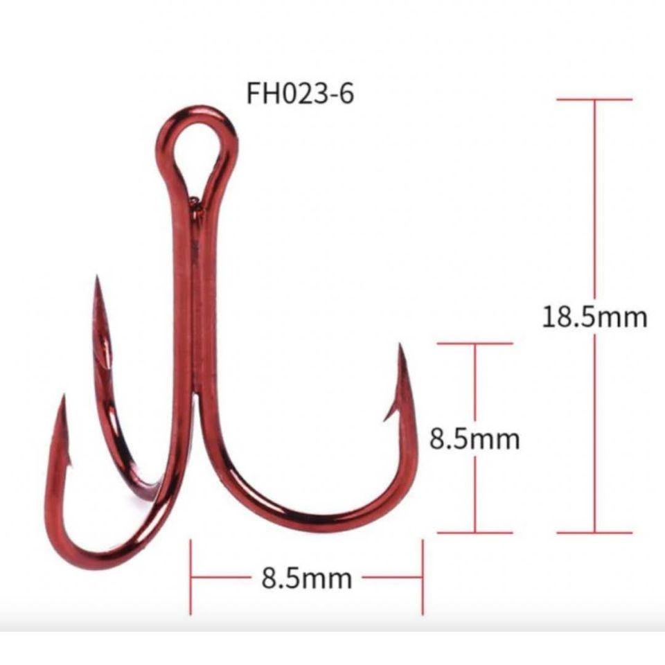 Red and Silver Carbon Steel 3-Prong Treble Fishing Hooks (20 Hooks)